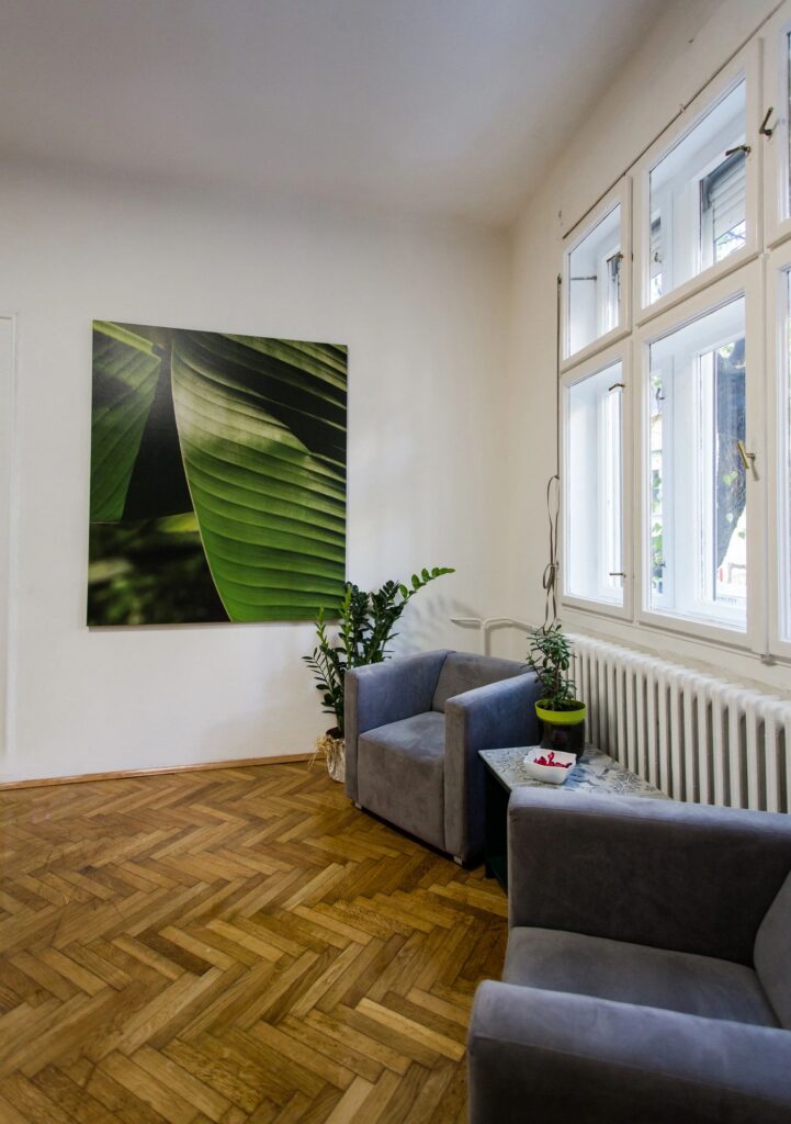 Room with print of banana leaf on the wall