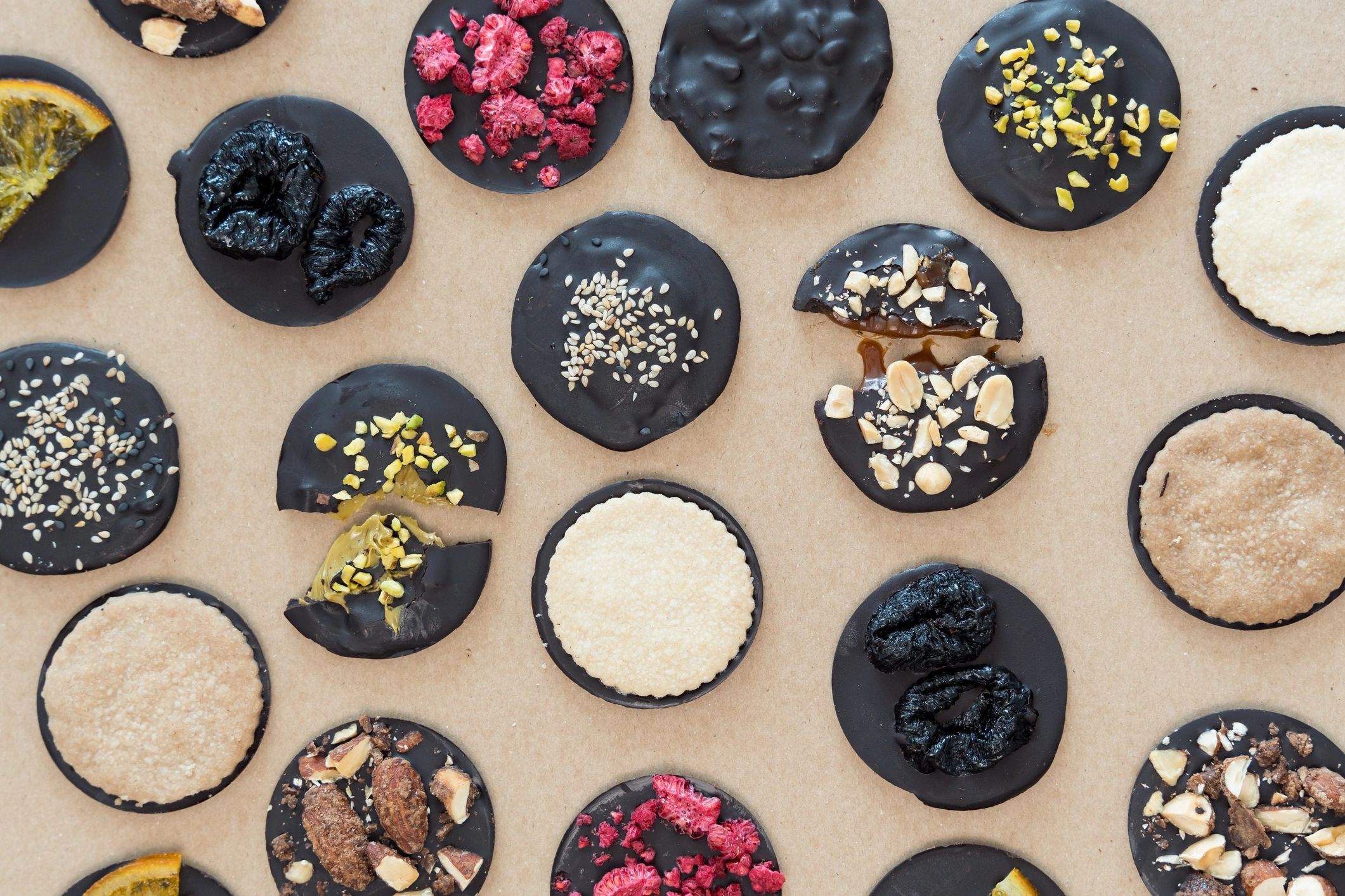 Assortment of freshly made chocolates photographed from above