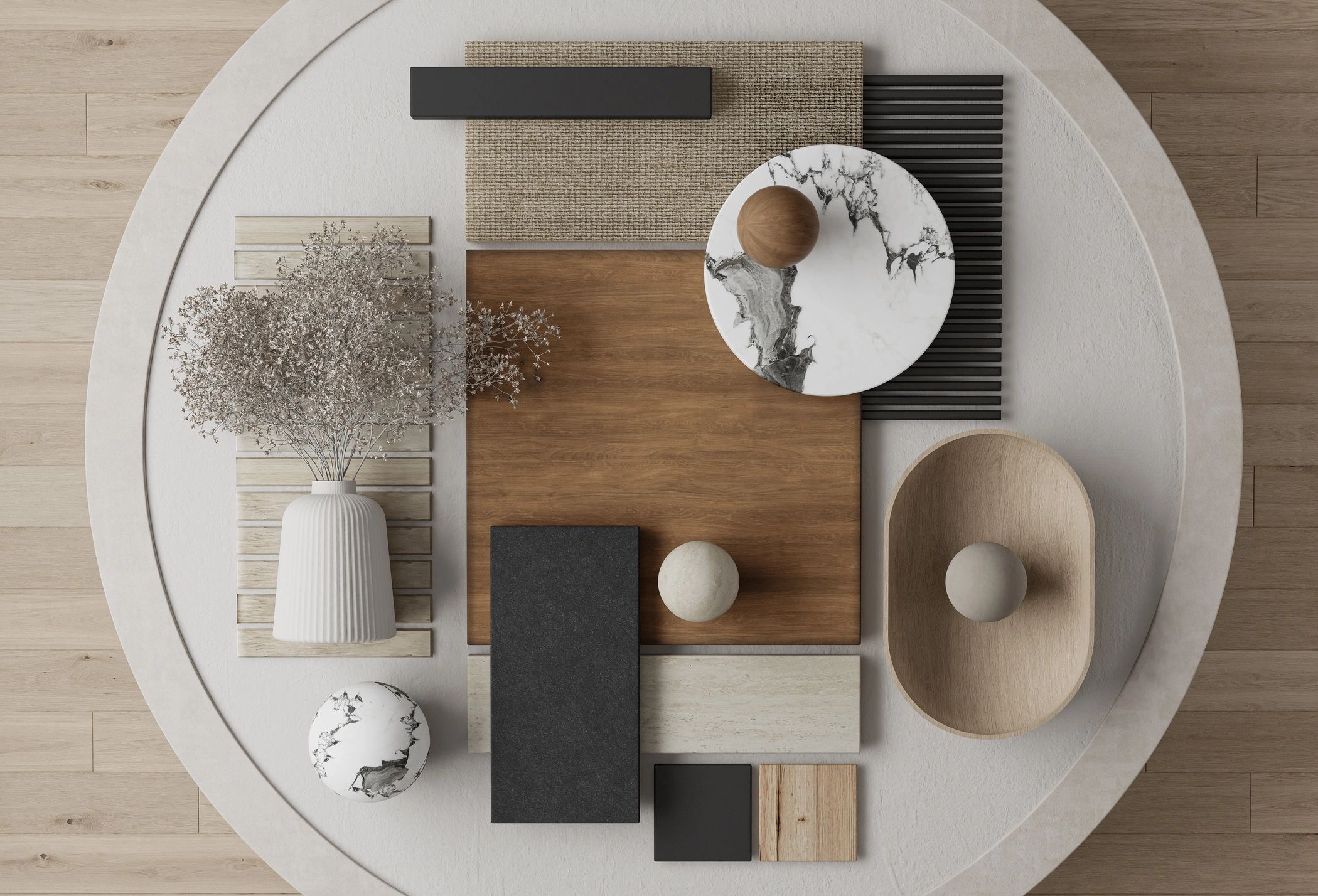 Elegant flat lay composition with curated materials
