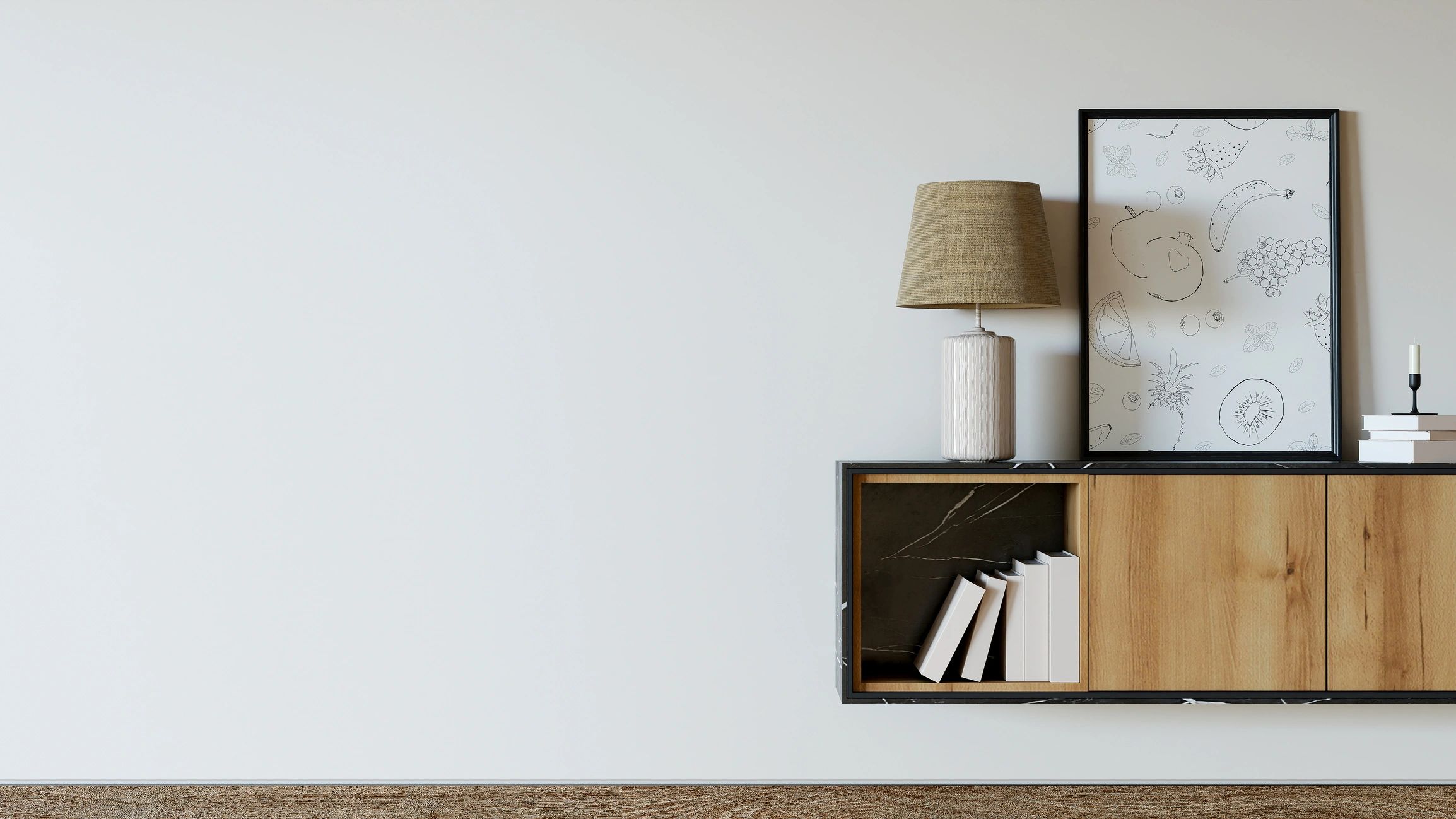 Framed art styled on a modern cabinet